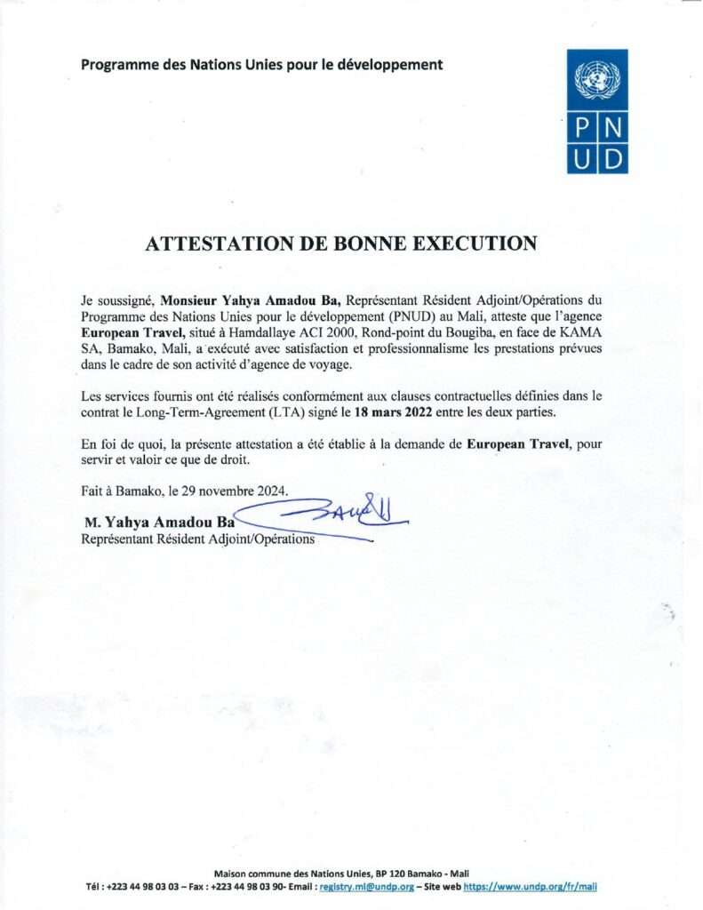 ATTESTATION DE BONNE EXECUTION DE UNDP